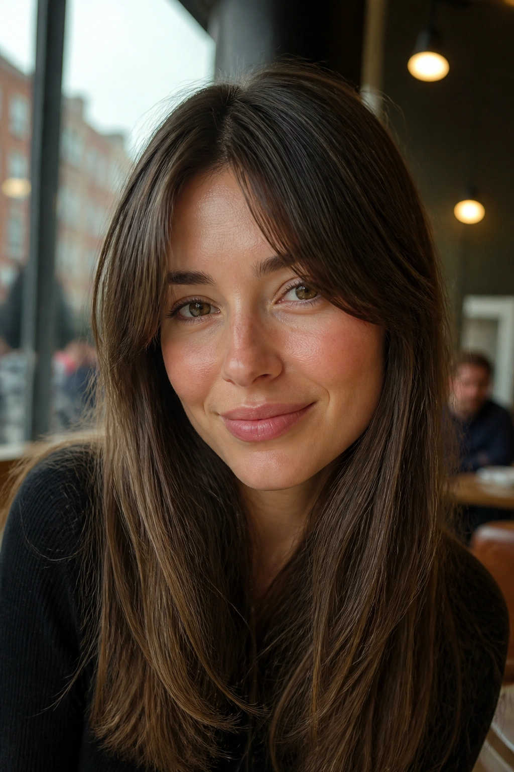 Real woman with middle-part curtain bangs growing out in a cafe window light