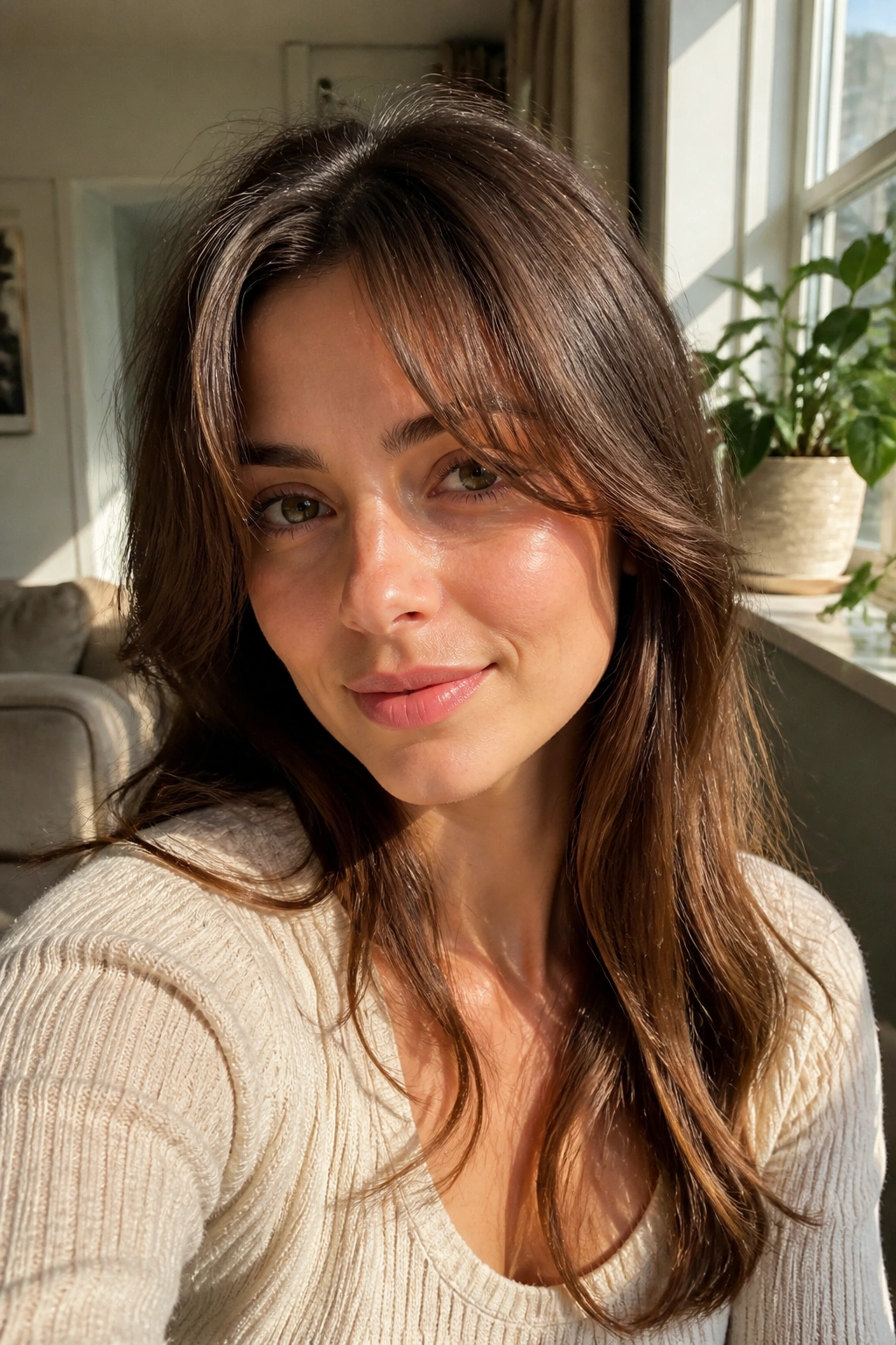 Portrait of a woman with grow-out curtain bangs, soft light and longer outer pieces past the cheeks