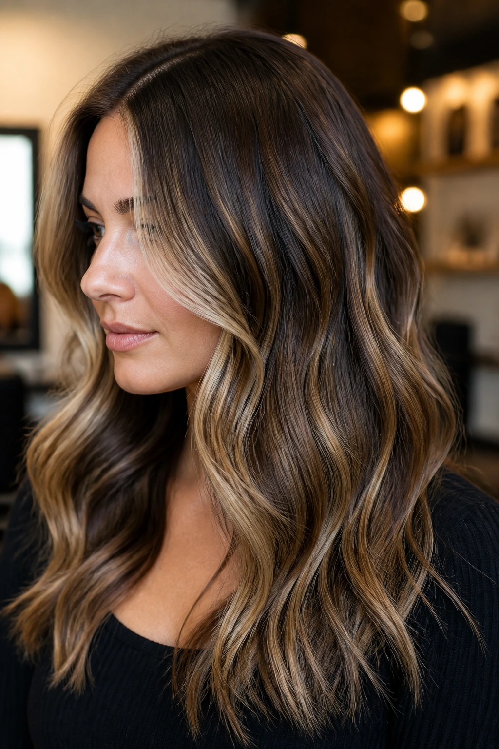 Brunette with soft grow-out highlight map visible on front and mid-lengths.