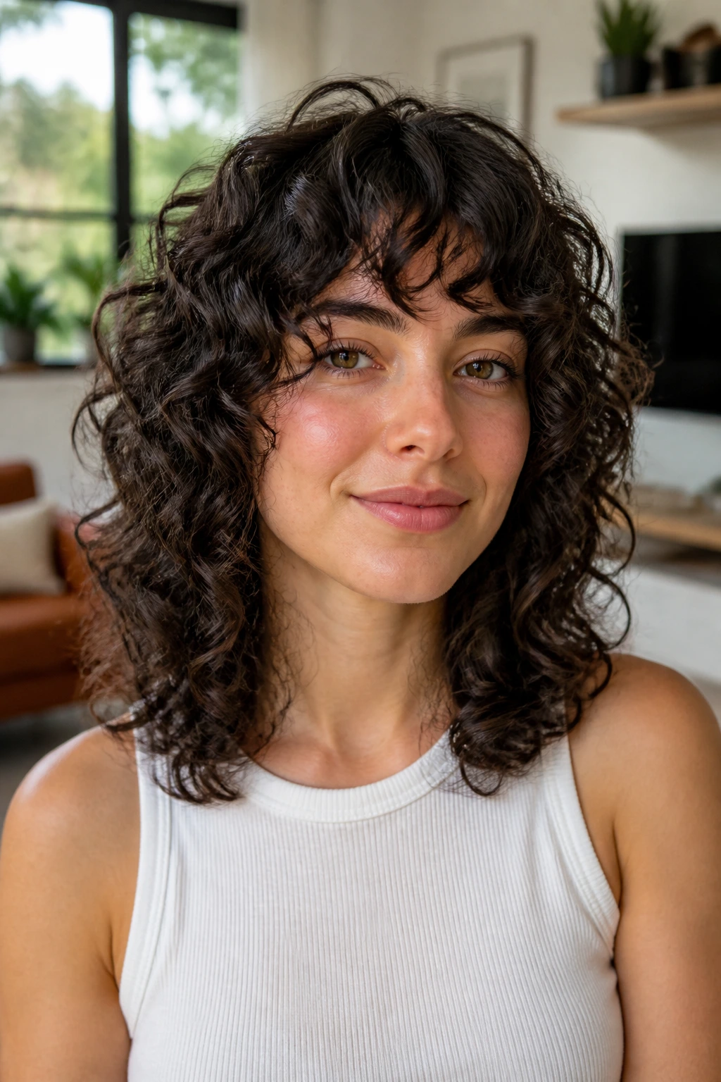 Frontal portrait of real person with shoulder-length curly hair and grow-out layers