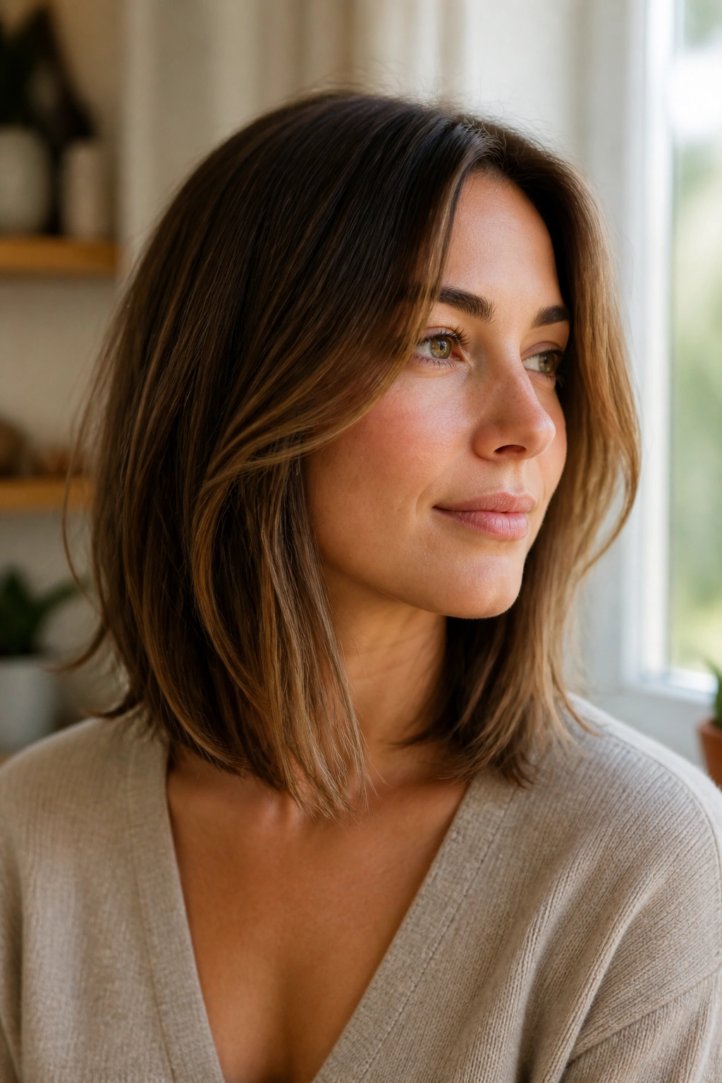 Close-up of a person showing a collarbone-length grow-out lob with soft perimeter