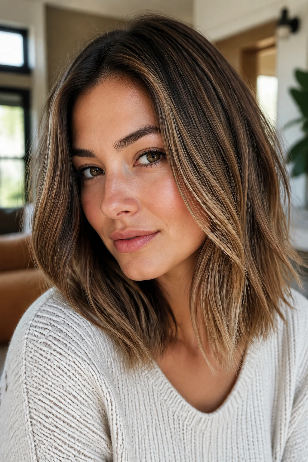 Close-up of a real woman with a soft grow-out lob, front longer and gentle textured ends