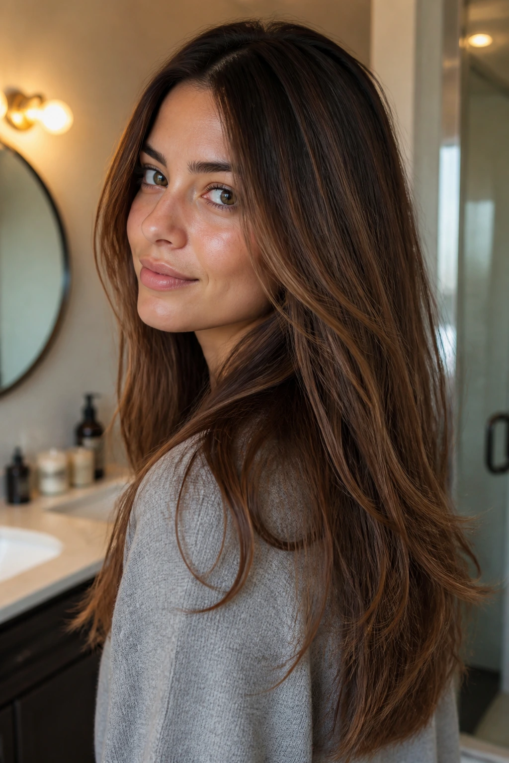 Real person with grow-out friendly long layers in a cozy bathroom