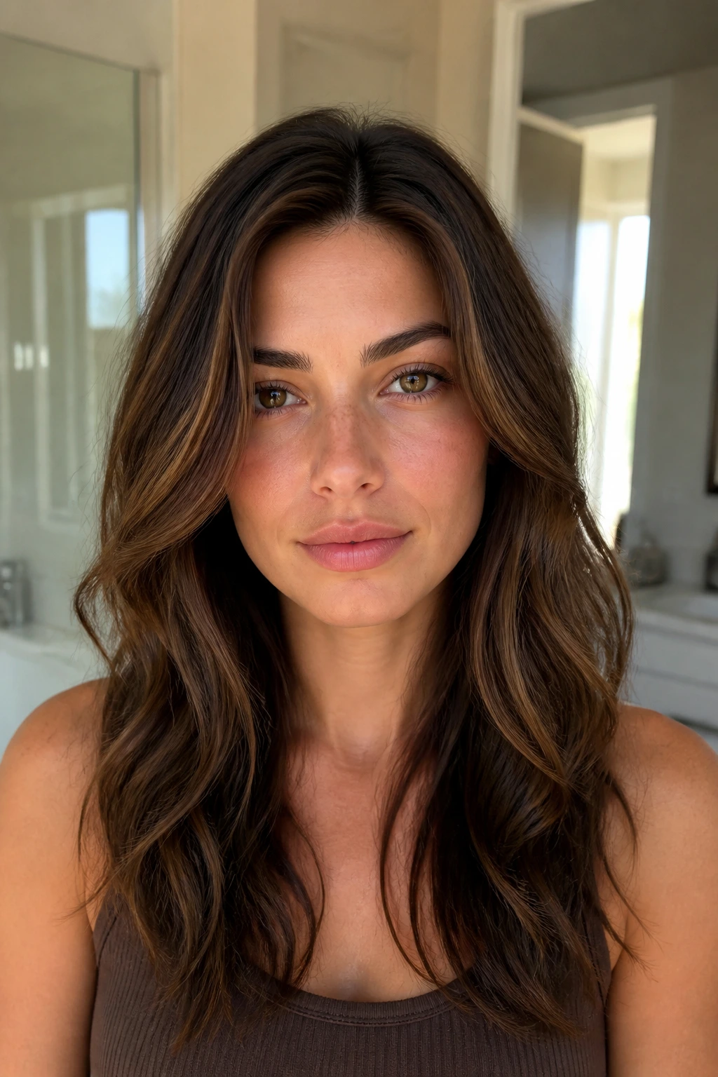 Close-up of a brunette with subtle grow-out friendly lowlights near the roots.