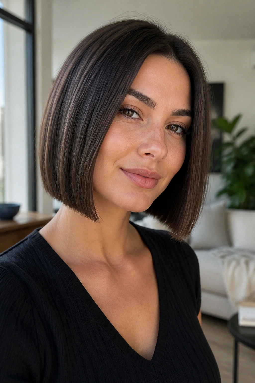 Real woman with grow-out friendly precision bob between jaw and collarbone