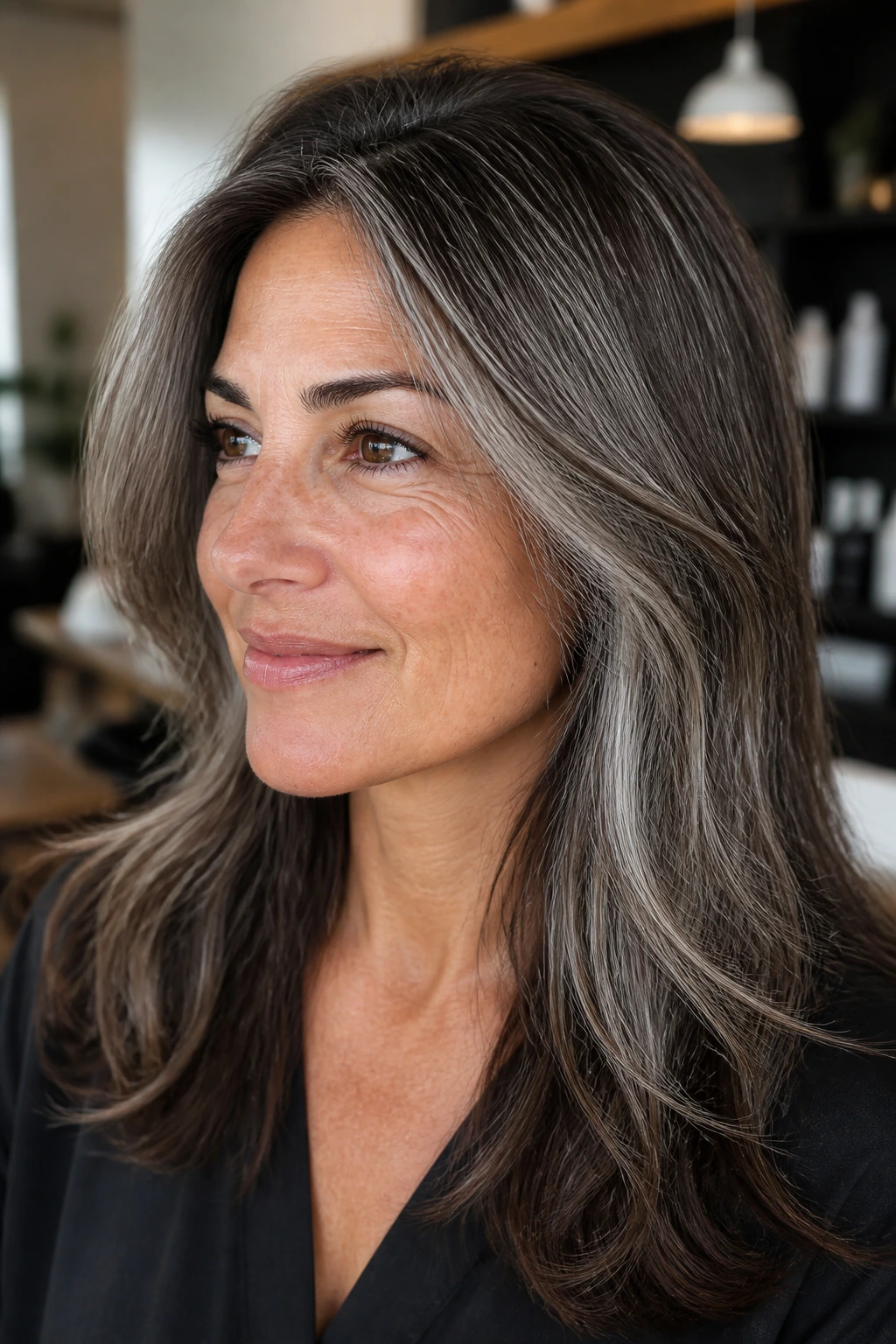 Close-up of brunette hair with soft root shadow and gradual salt-and-pepper blend