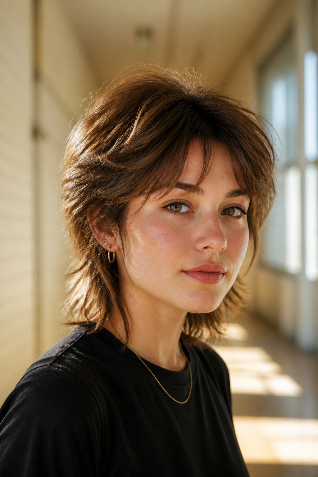 Close-up portrait of a real person with a grow-out-friendly wolf cut