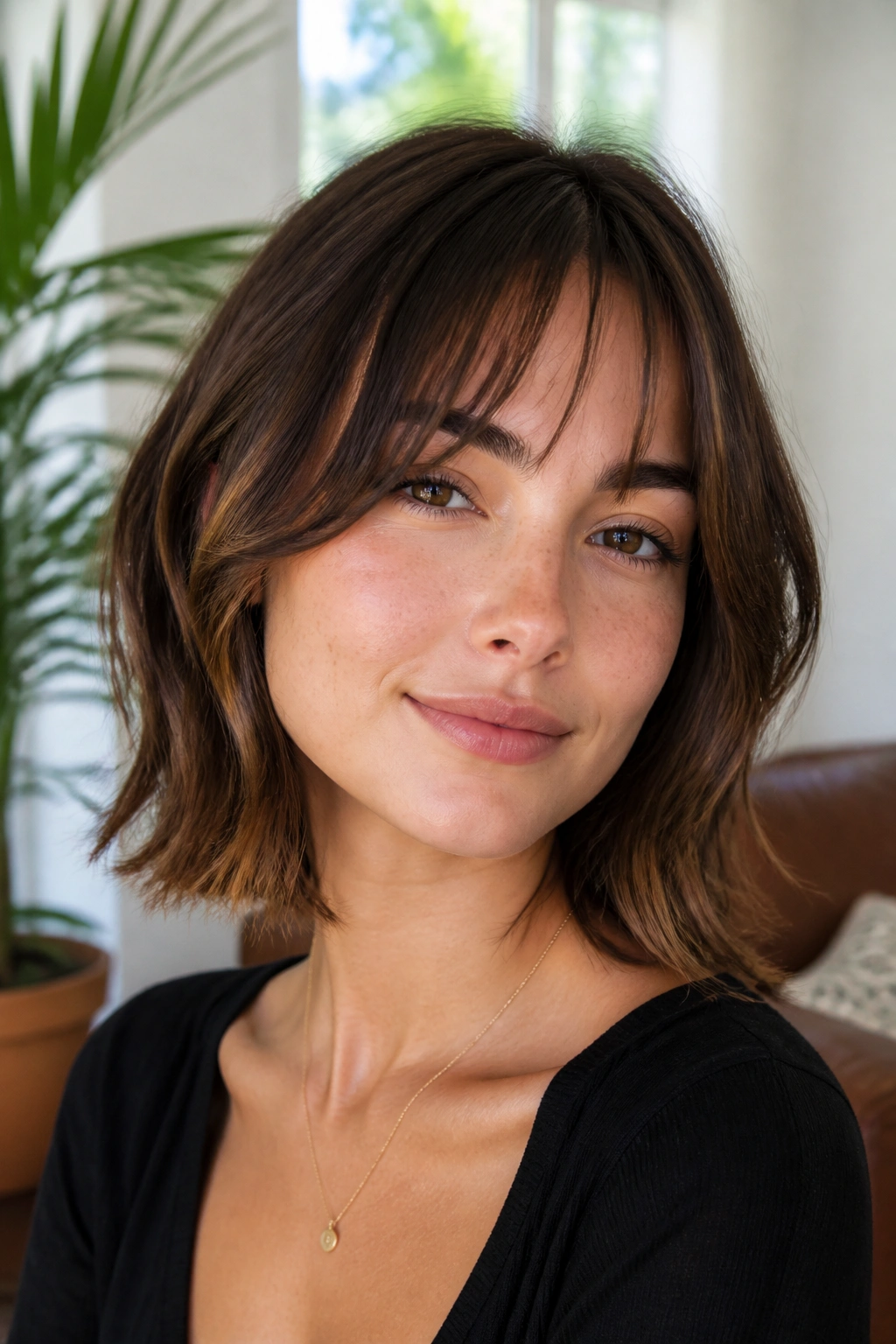 Portrait of a woman with grown-in fringe and face-framing sides