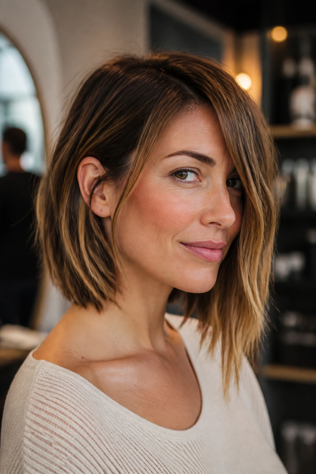 Close-up of a real woman with grown-out asymmetrical bob skimming collarbone
