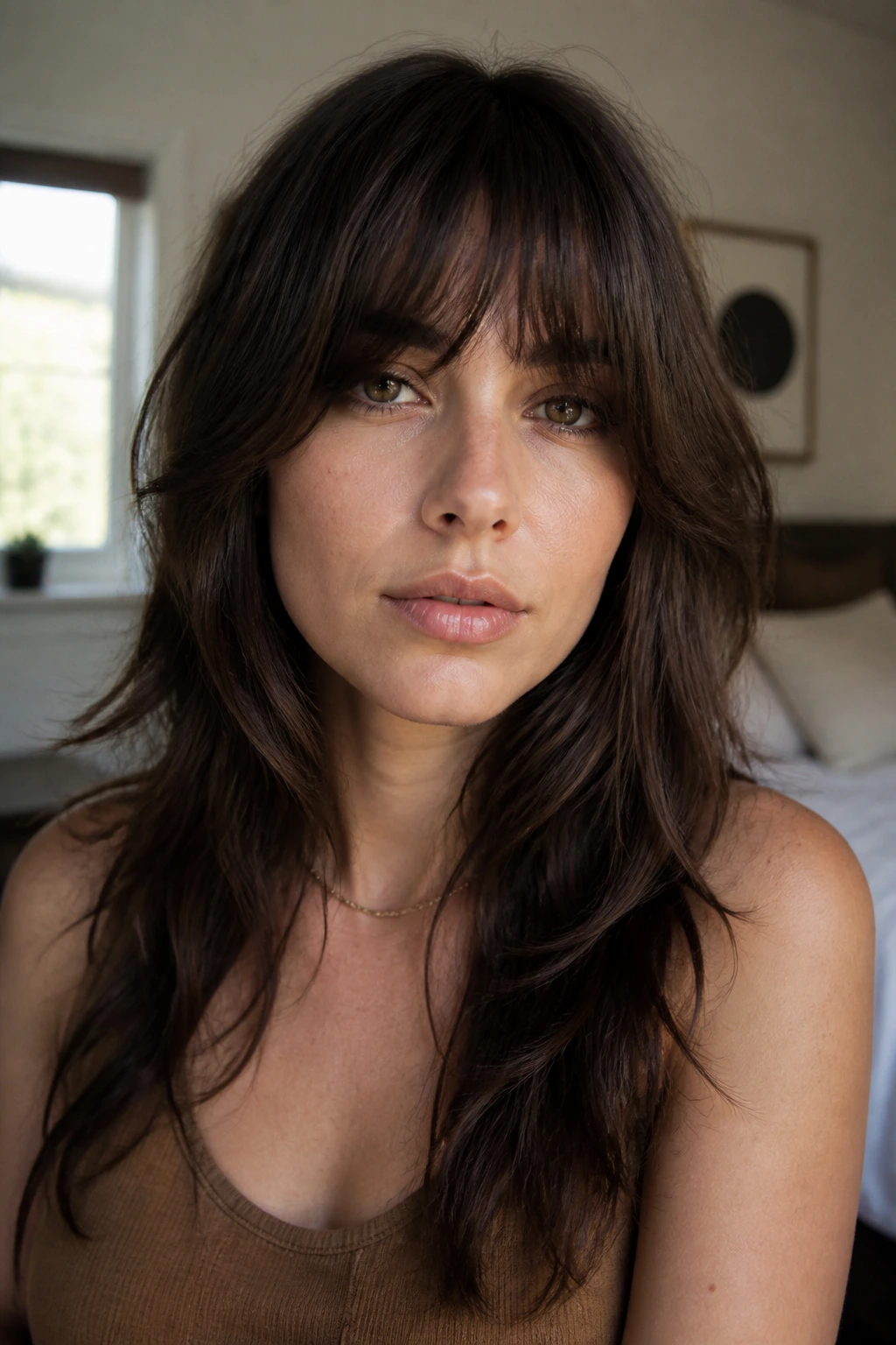 Brunette with grown-out bangs shag, fringe below brow and soft crown.