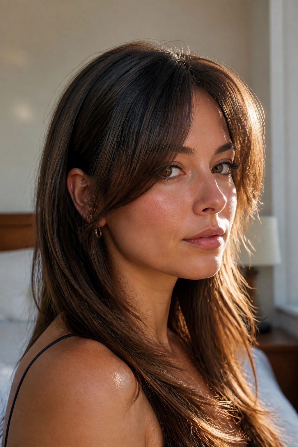Close-up portrait of a real woman with grown-out side bangs hitting the cheekbone, warm window light.