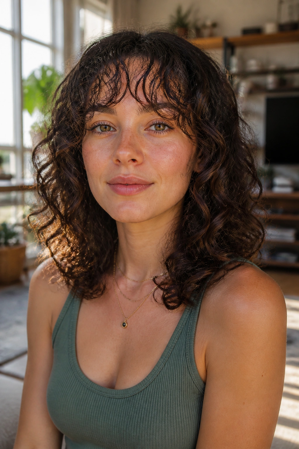 Close-up of a real woman with grown-out curly bangs barely touching the brows