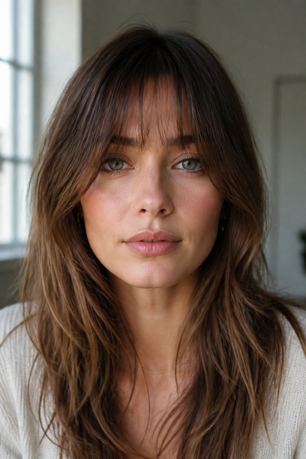 Close-up portrait of a real woman with grown-out bangs skimming the eyes.
