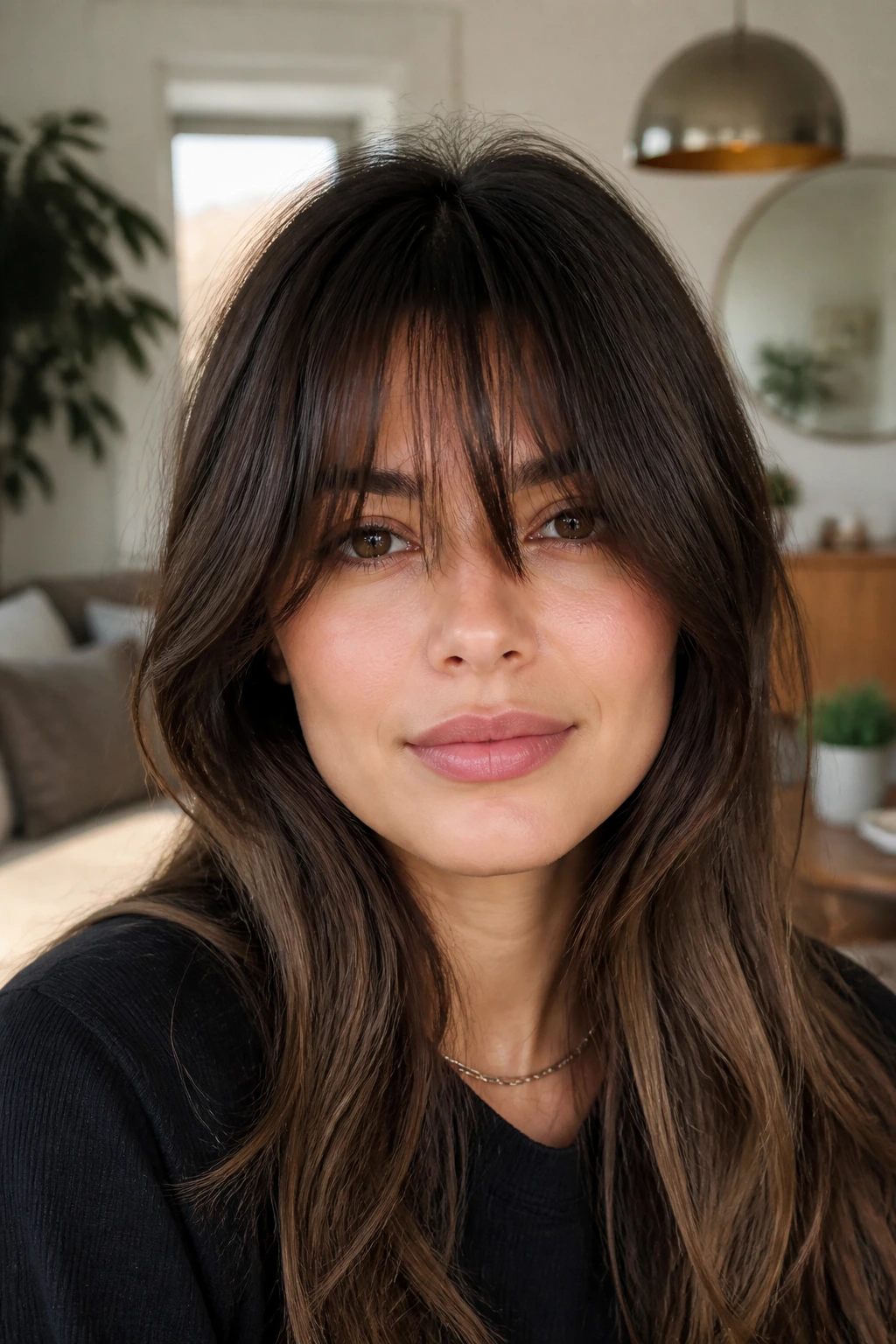 Close-up of a real woman wearing grown-out bangs reaching the eyes