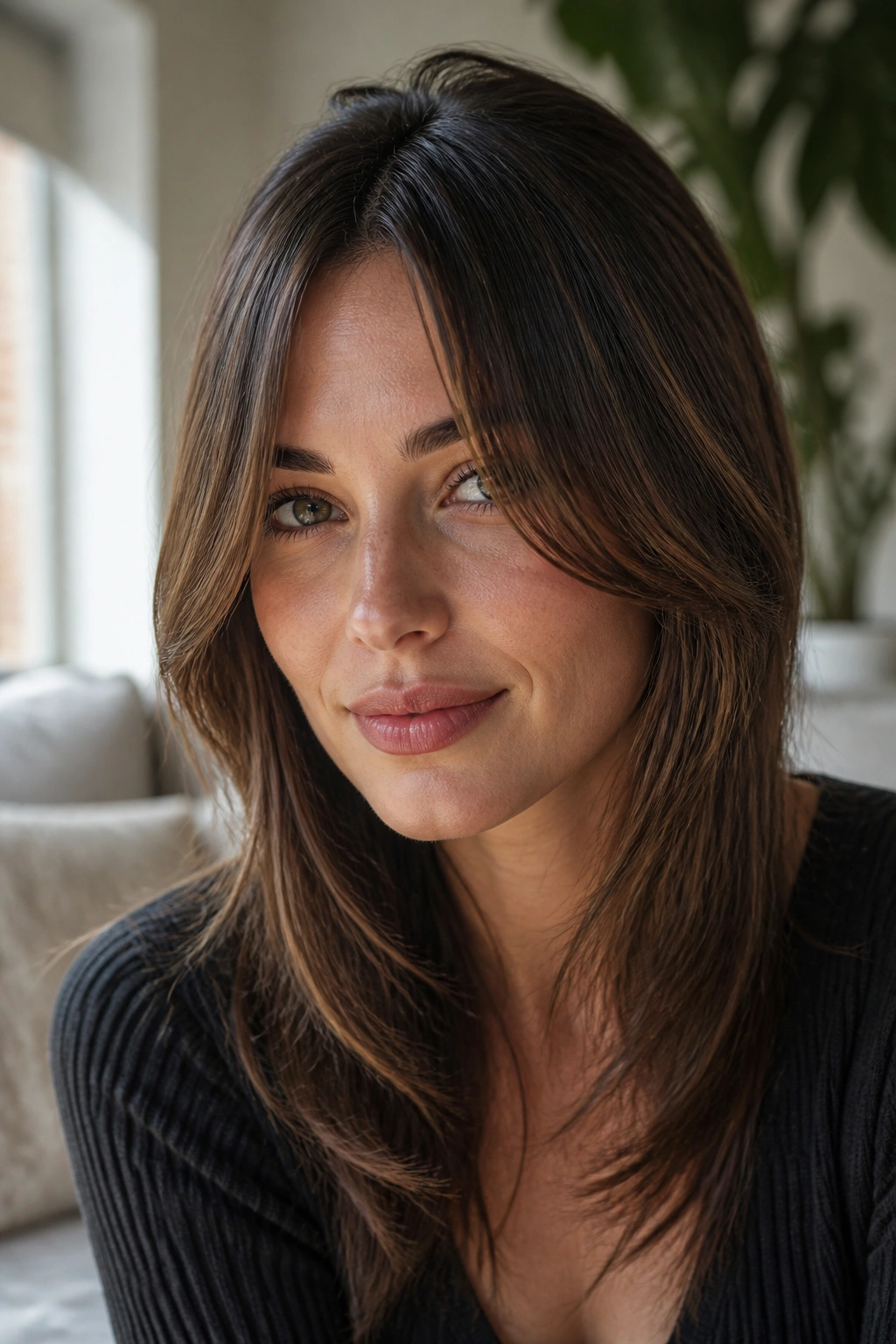 Close-up of a real woman with grown-out face-framing bangs