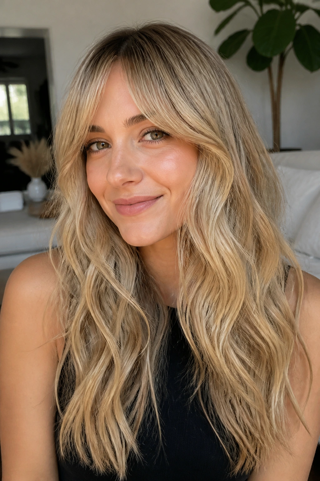 Close-up of grown-out blonde bangs with long waves on a real person