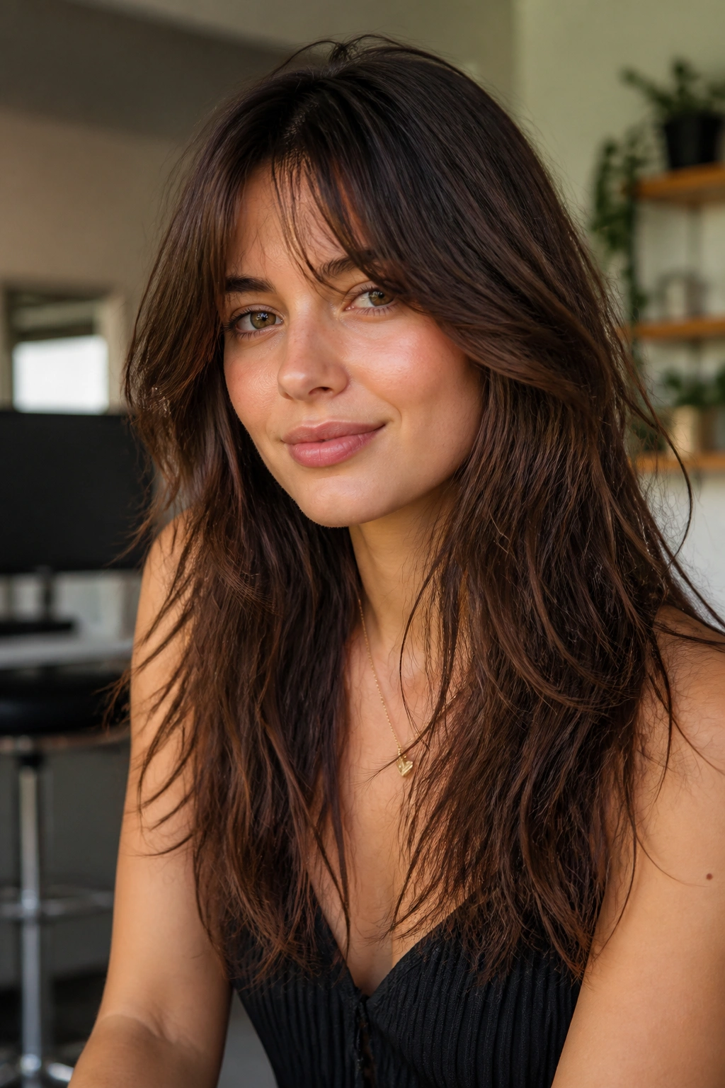 Close-up of real person with grown-out bangs blending into front layers