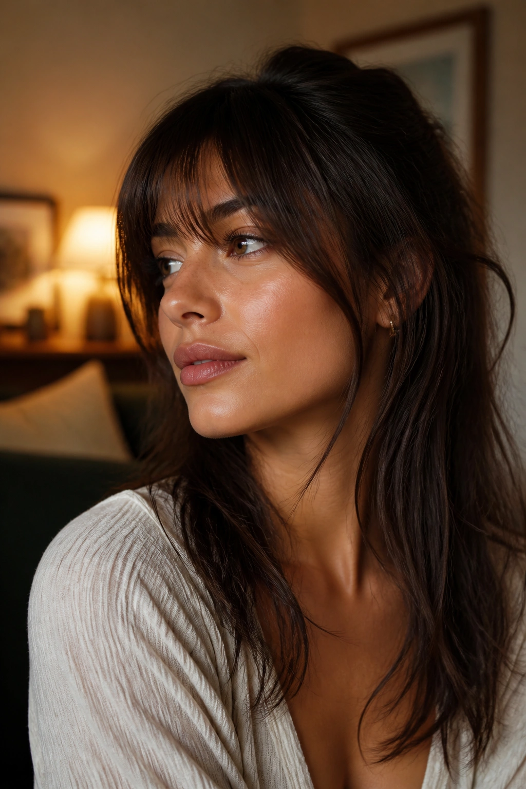 Real woman with soft-edged grown-out bangs grazing the cheeks, brown hair in warm light.