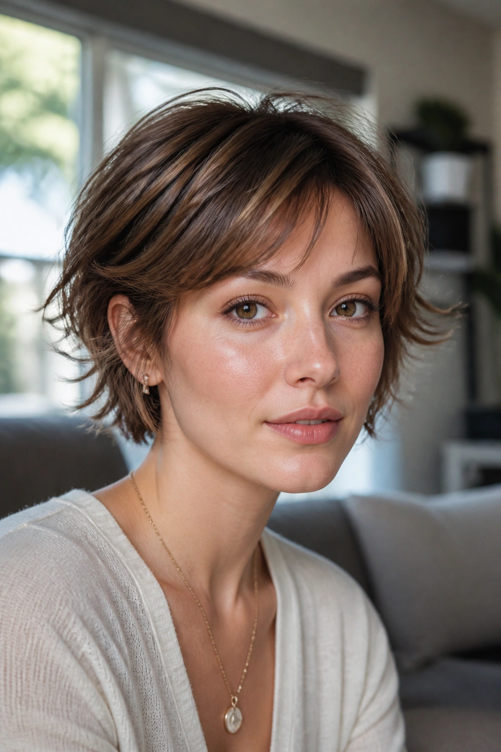 Close-up portrait of a real person with grown-out bixie and feathered layers