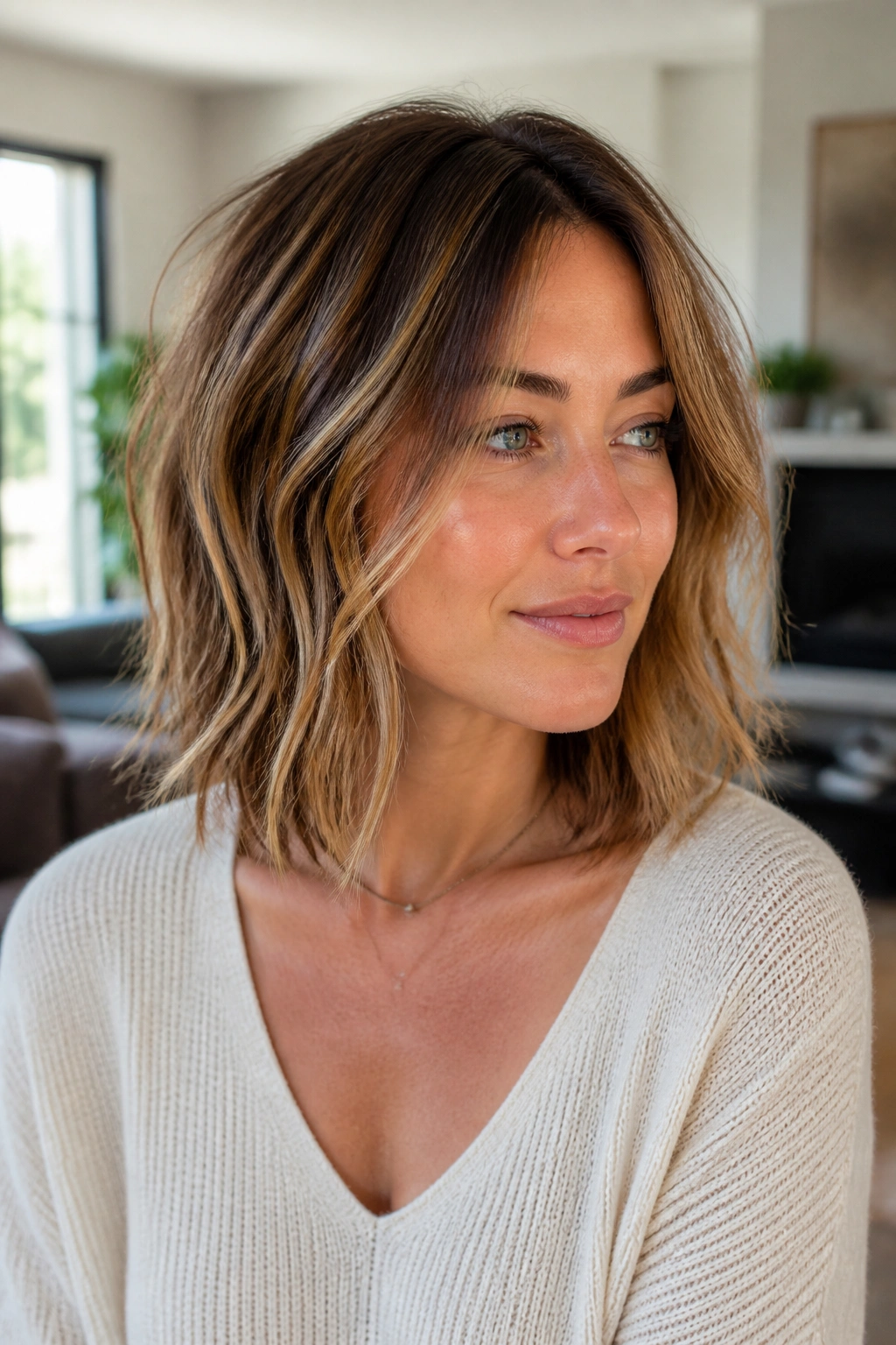 Real woman with grown-out choppy bob and soft face-framing pieces
