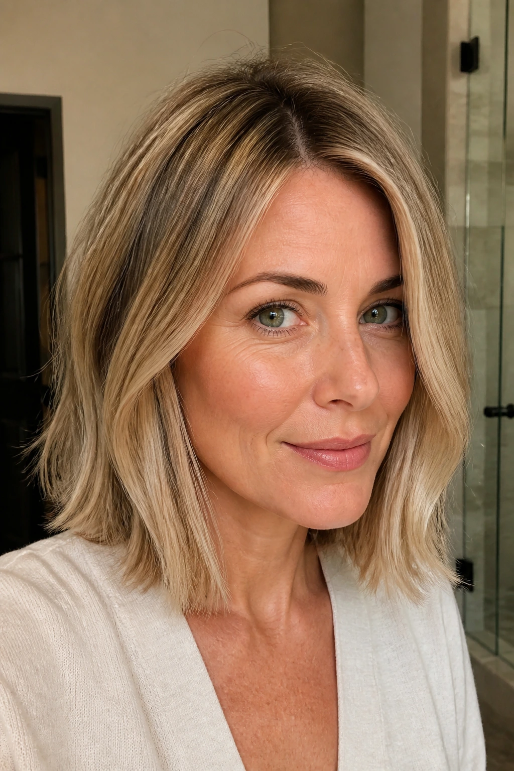 Close-up of a woman with a grown-out bob under chin with rooted blonde
