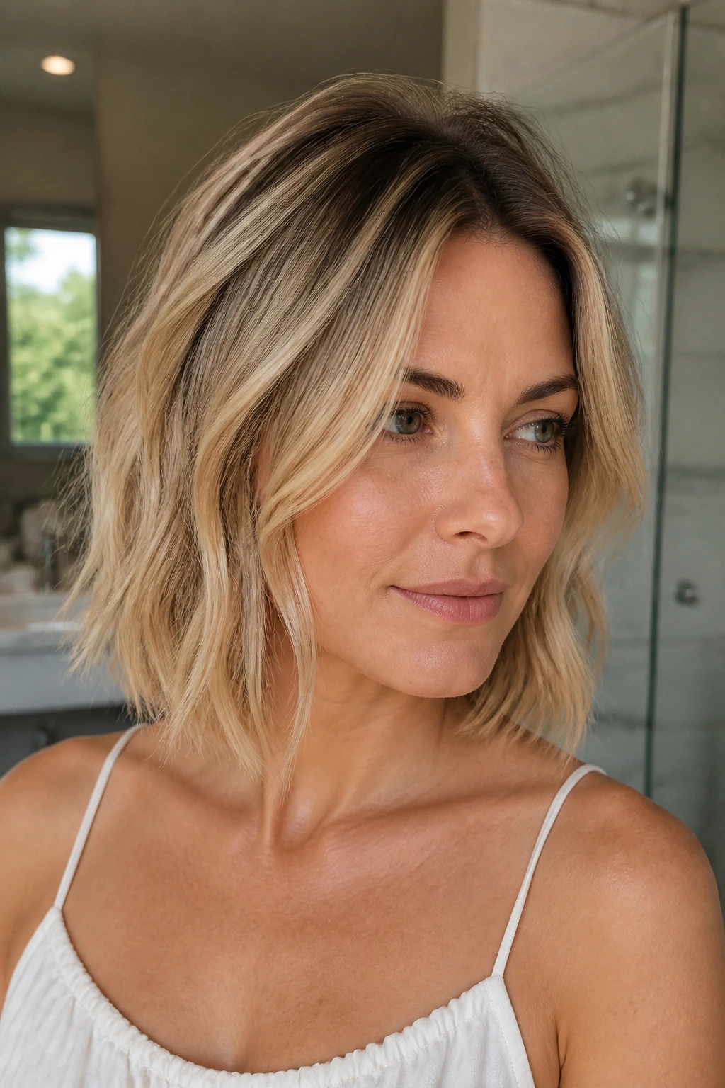 Close-up of a real woman with a rooted blonde grown-out bob and soft texture.