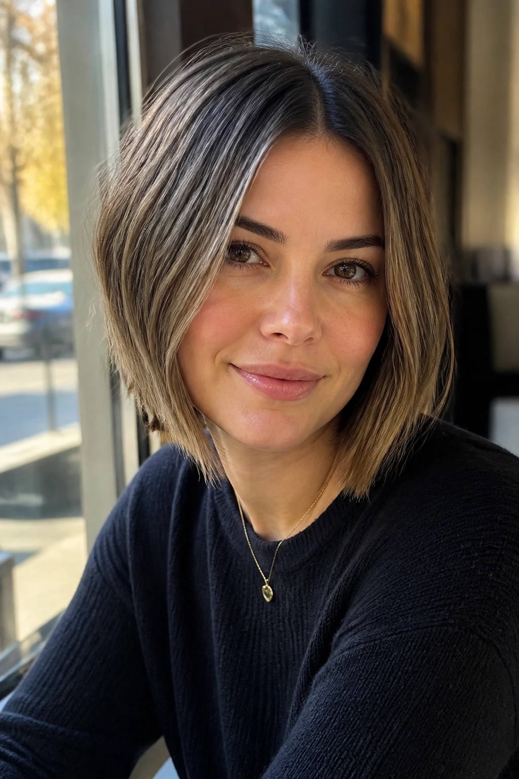 Real woman with soft center-parted grown-out graduated bob portrait