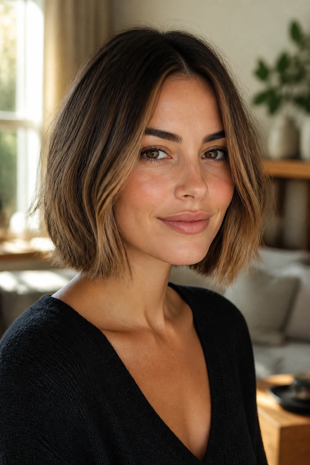 Close-up portrait of a real woman with a grown-out bob showing clean perimeter and light texture