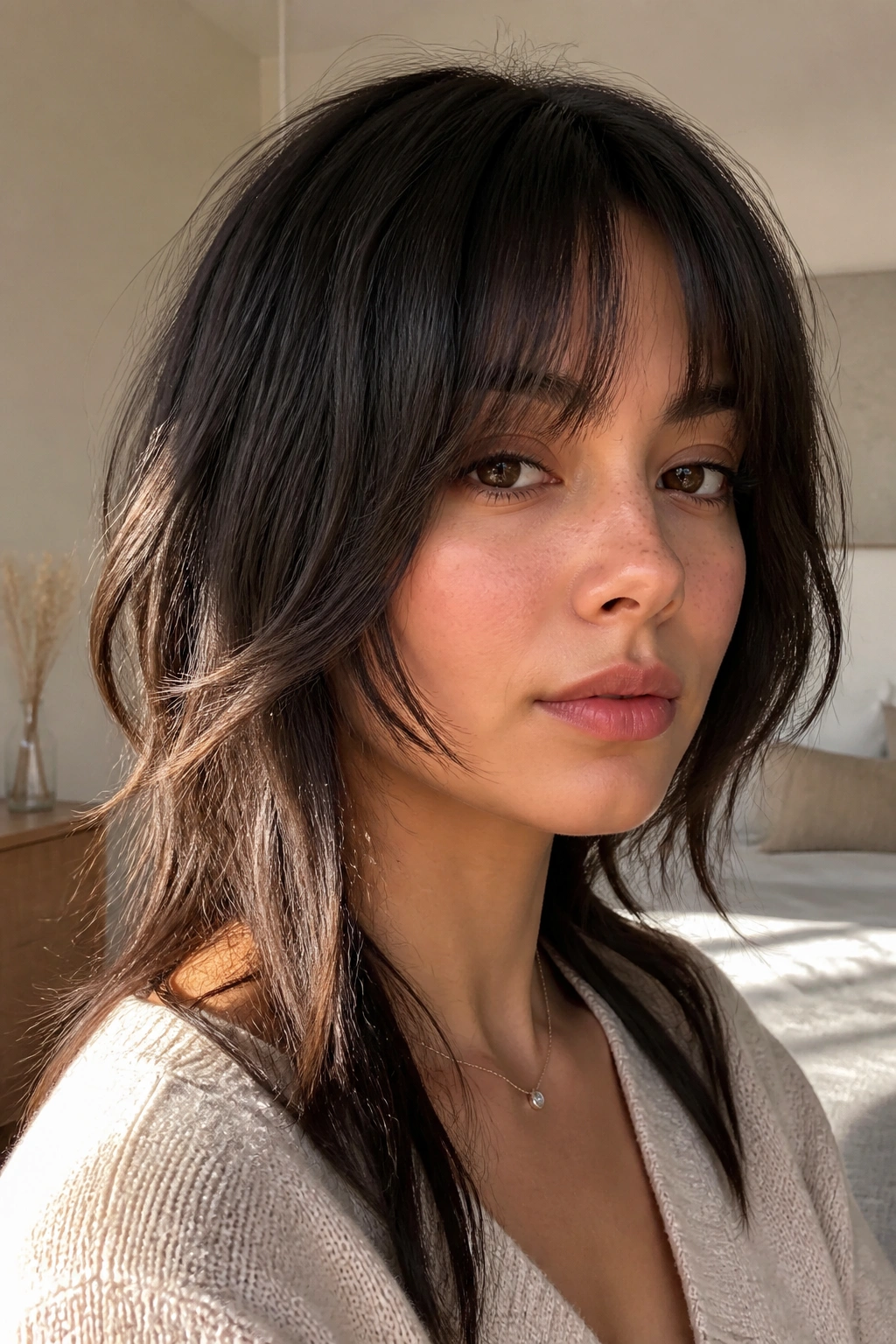 Close-up of a real woman with cheekbone-length grown-out choppy bangs