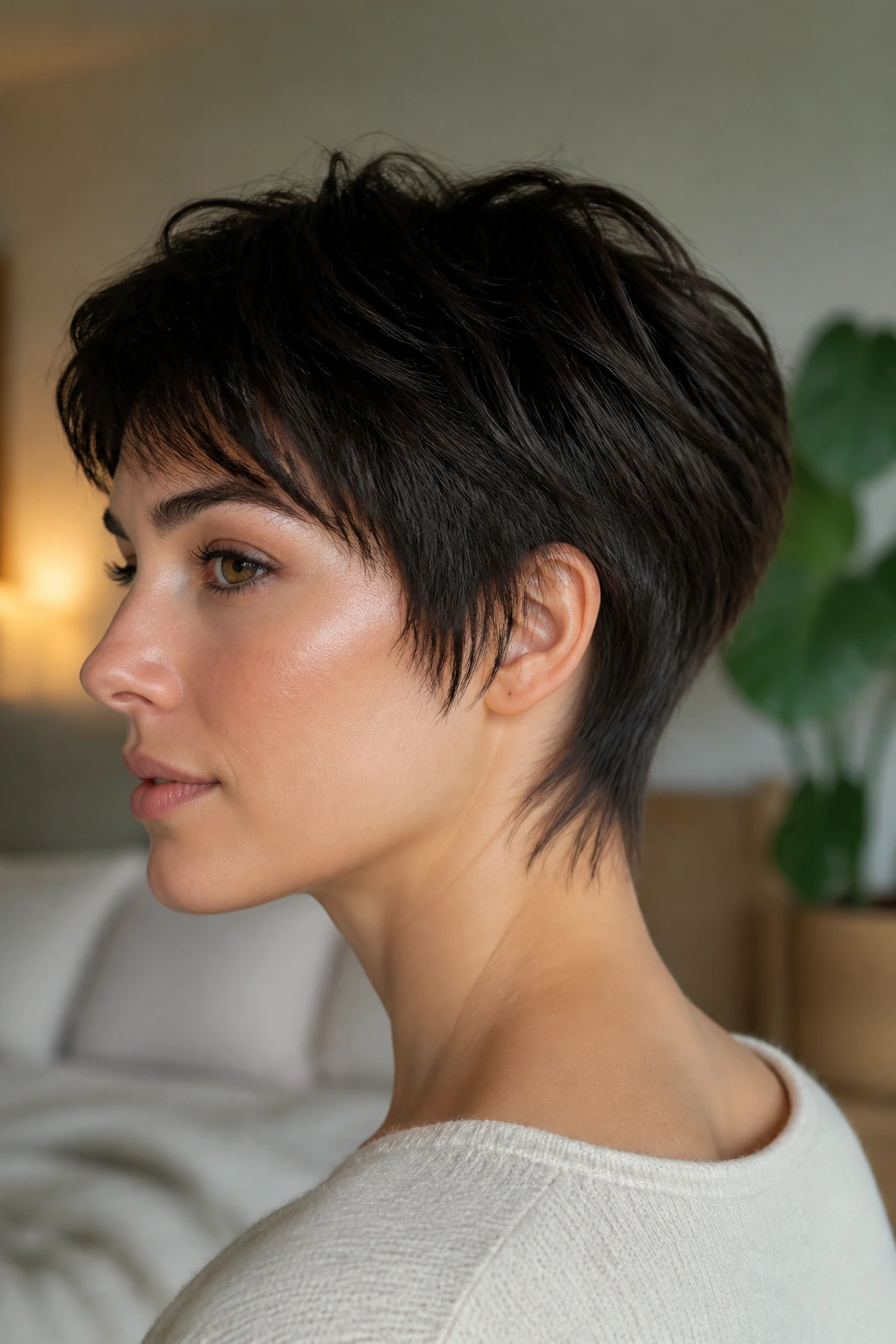 Close-up portrait of a real woman with a grown-out crop and wispy nape in warm bedroom light