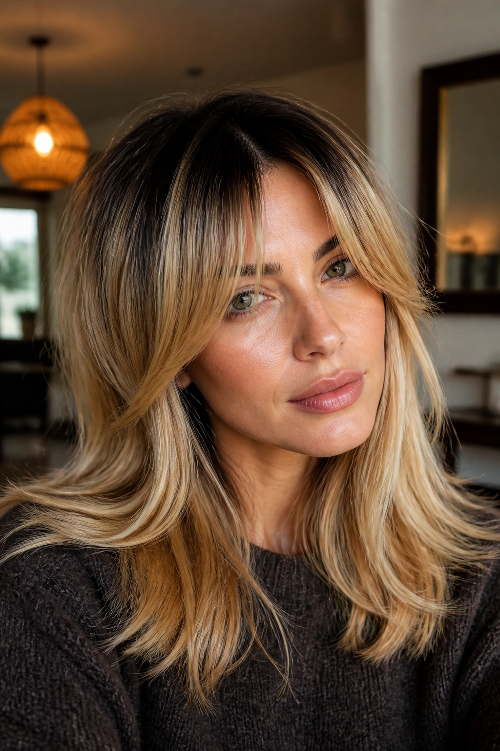Real person with grown-out curtain bangs and dark roots in medium blonde