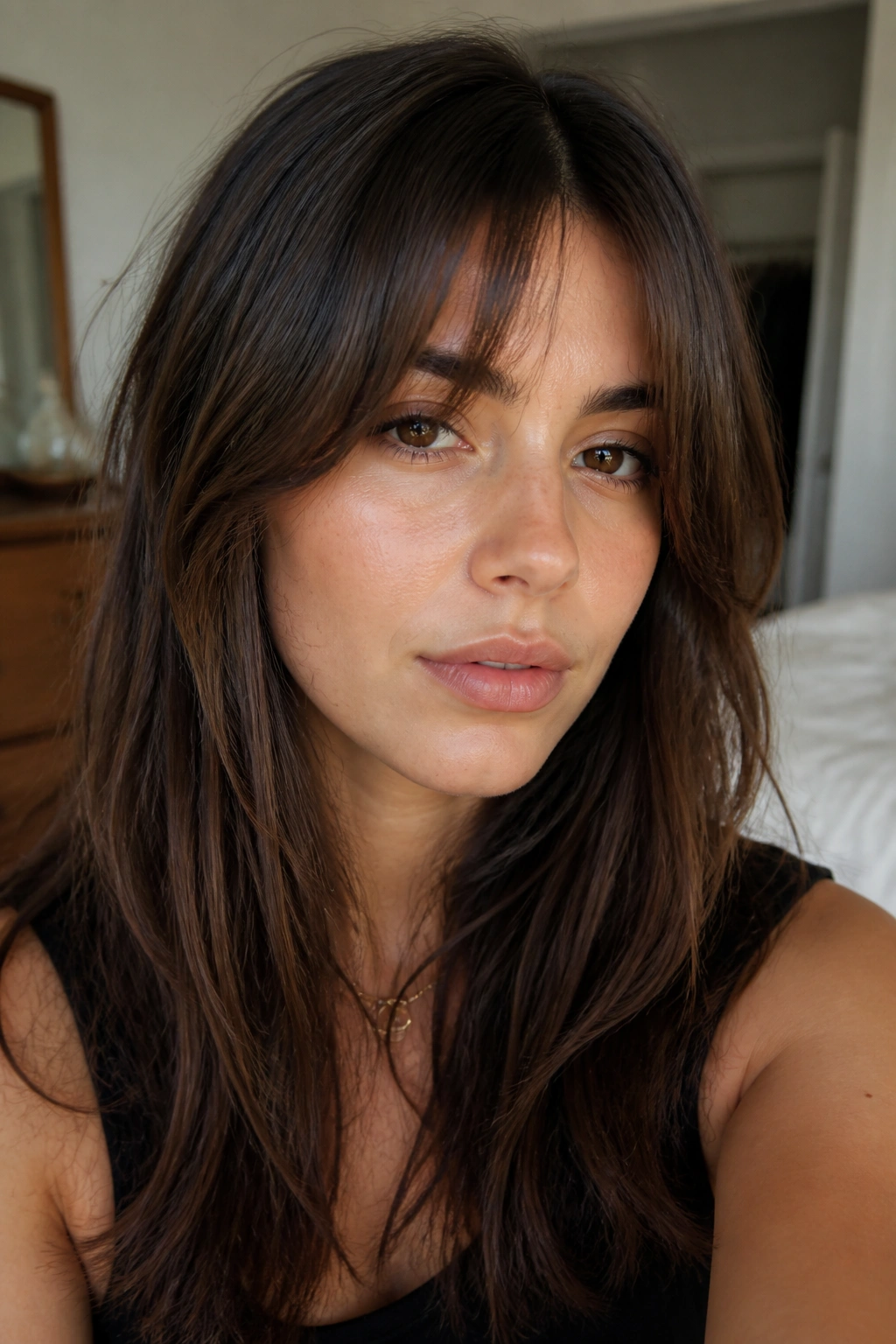 Close-up portrait of a real woman with grown-out curtain bangs