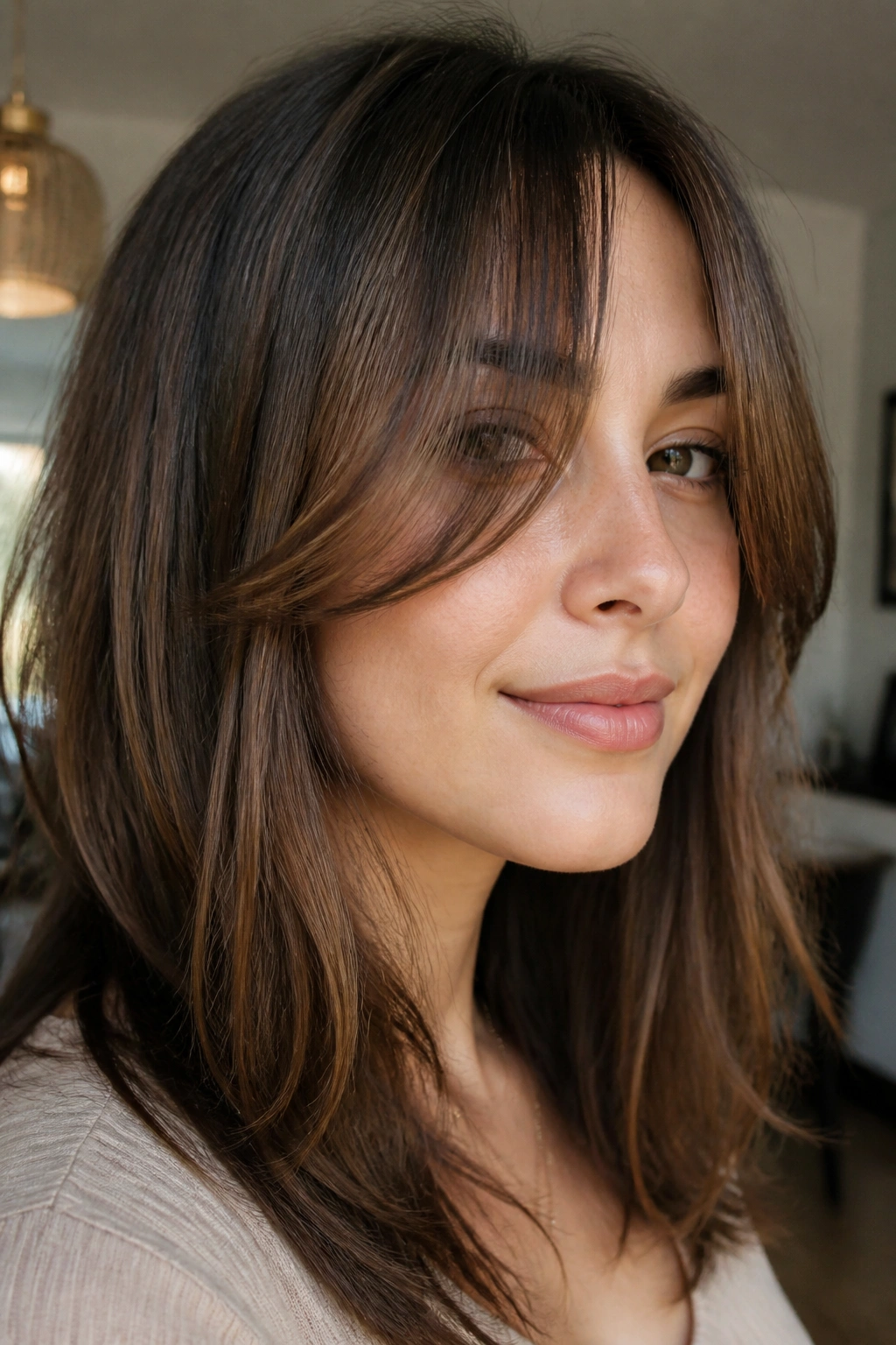 Close-up portrait of a real woman with grown-out curtain bangs on a round face in medium brown hair