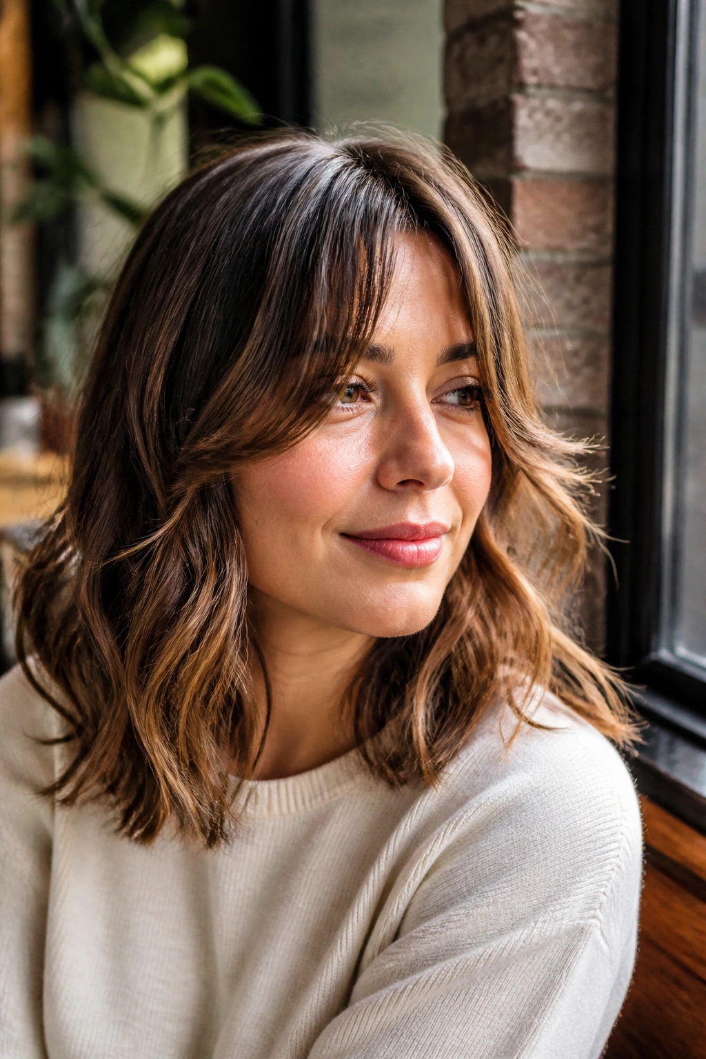 Portrait of a real person with grown-out curtain bangs blending into wavy hair