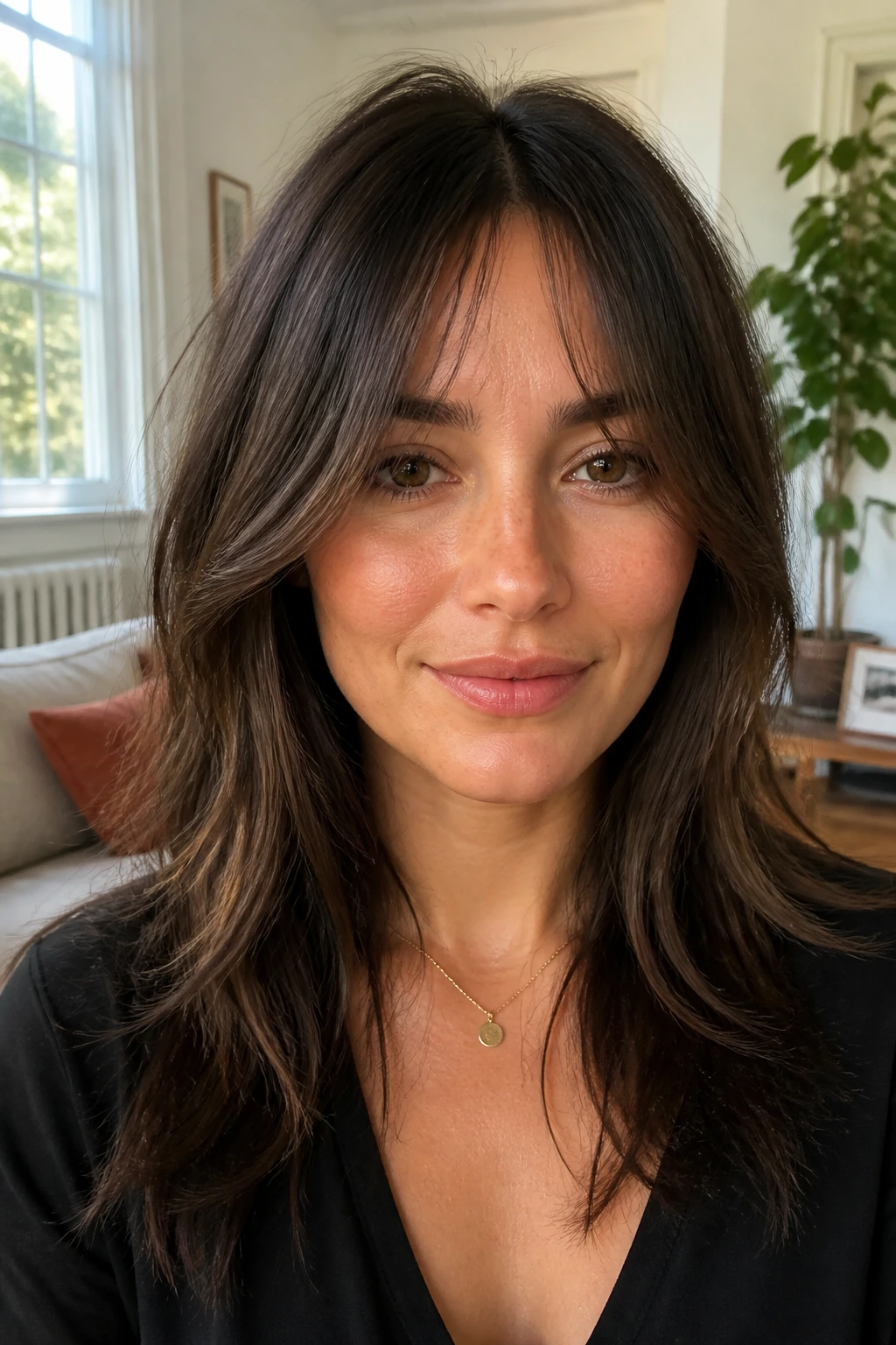 Real woman with grown-out curtain fringe blending into sides