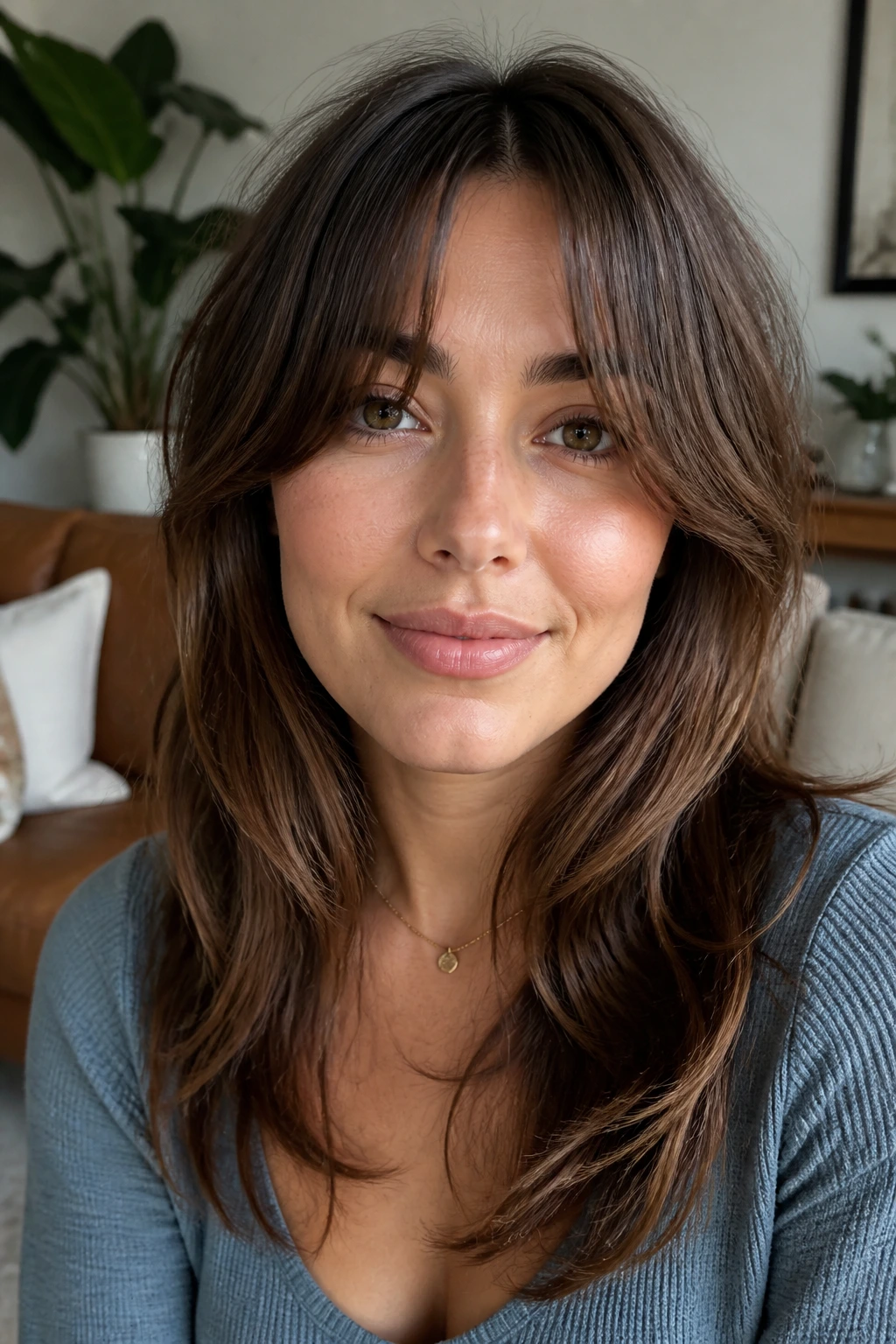 Medium close-up of a real woman wearing grown-out curtain fringe