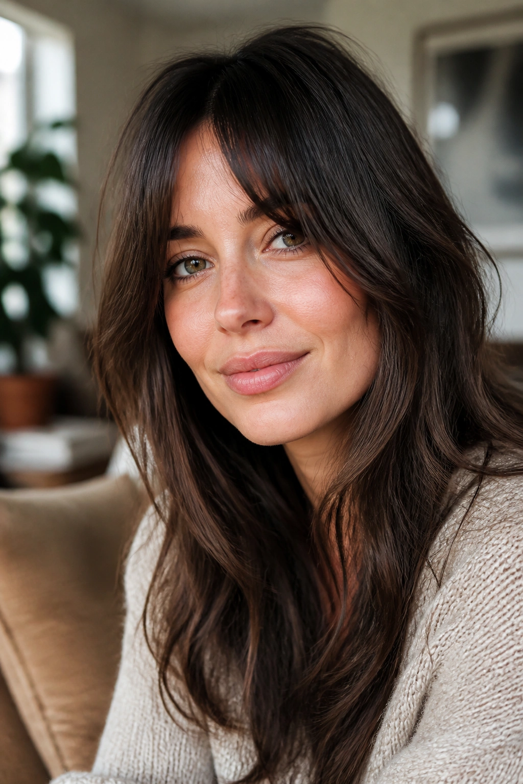 Close-up portrait of a woman with grown-out French bangs reaching the cheekbones in natural light