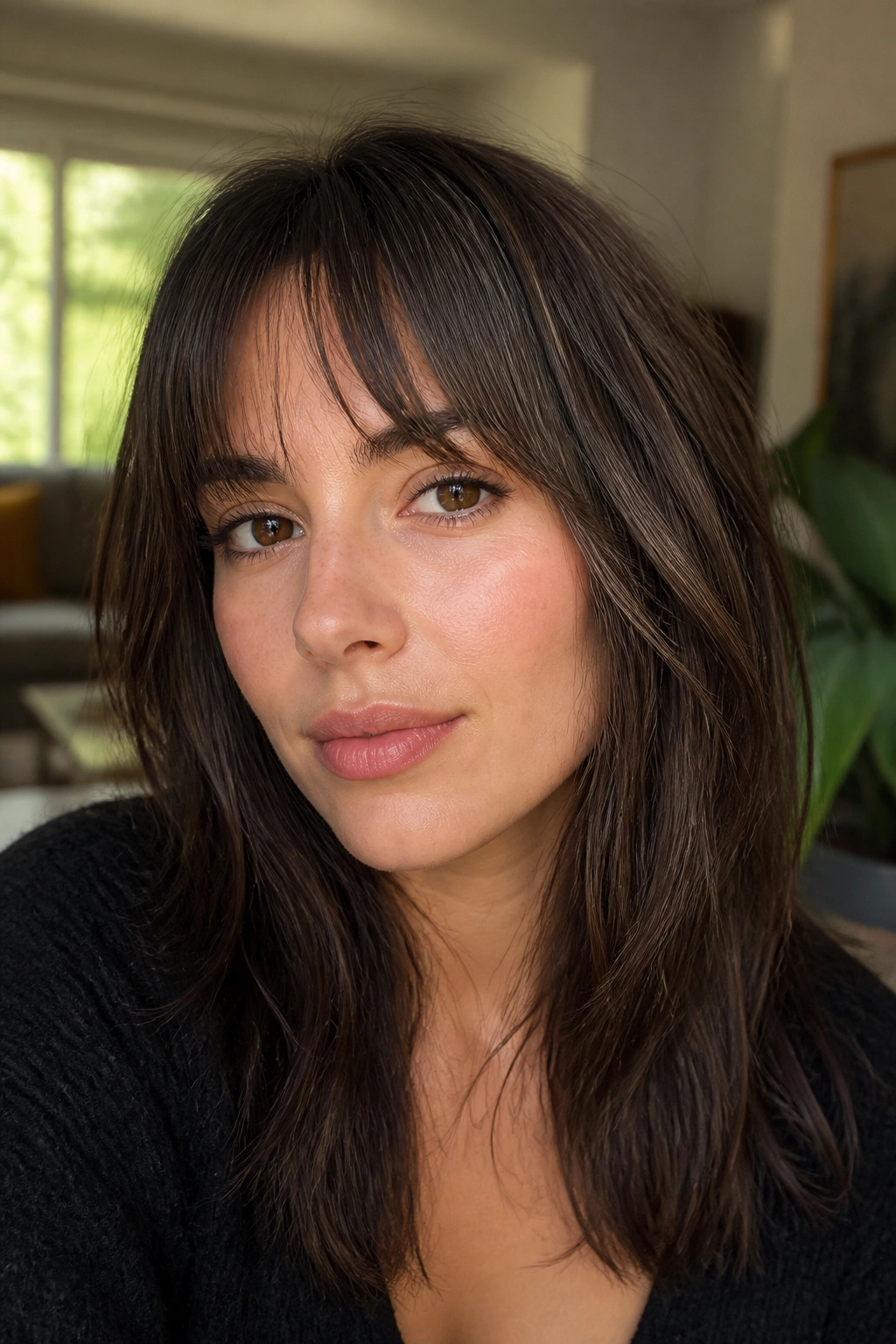 Real woman with grown-out French bangs in daylight living room