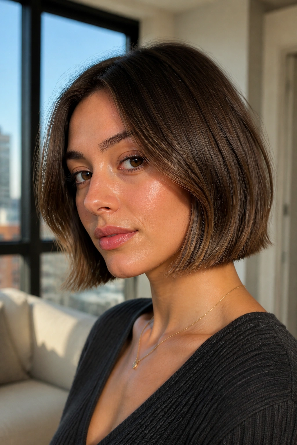 Portrait of a real woman with a grown-out French bob