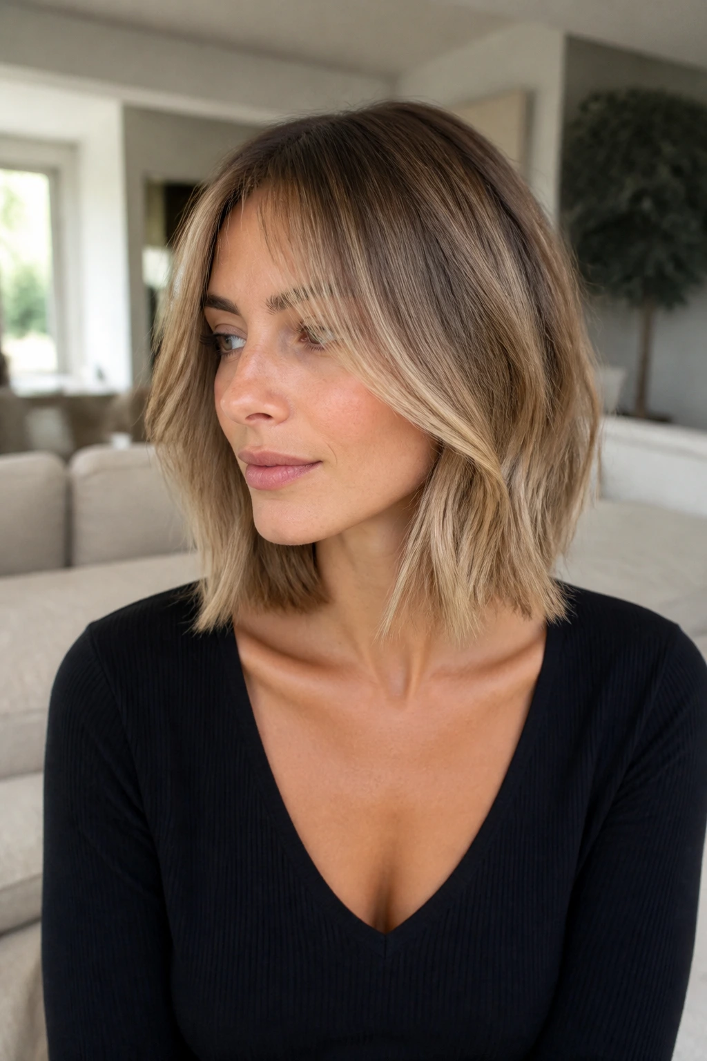 Medium close-up of a real woman with grown-out fringe and balayage blonde