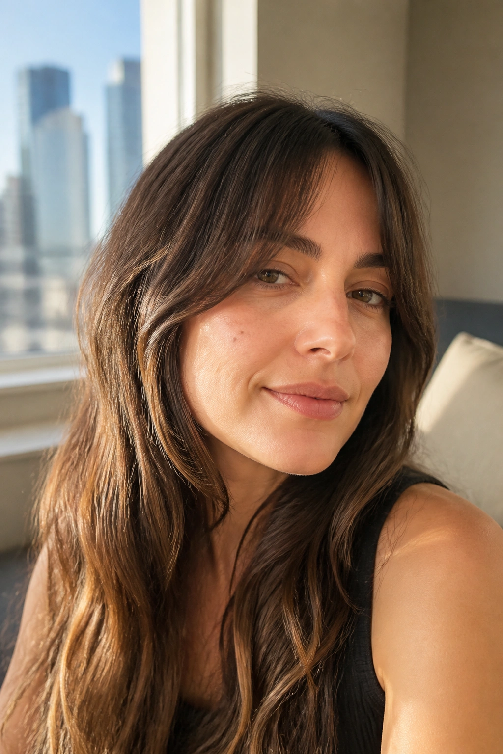 Close-up portrait of a real woman with a grown-out fringe blending into the rest of the haircut