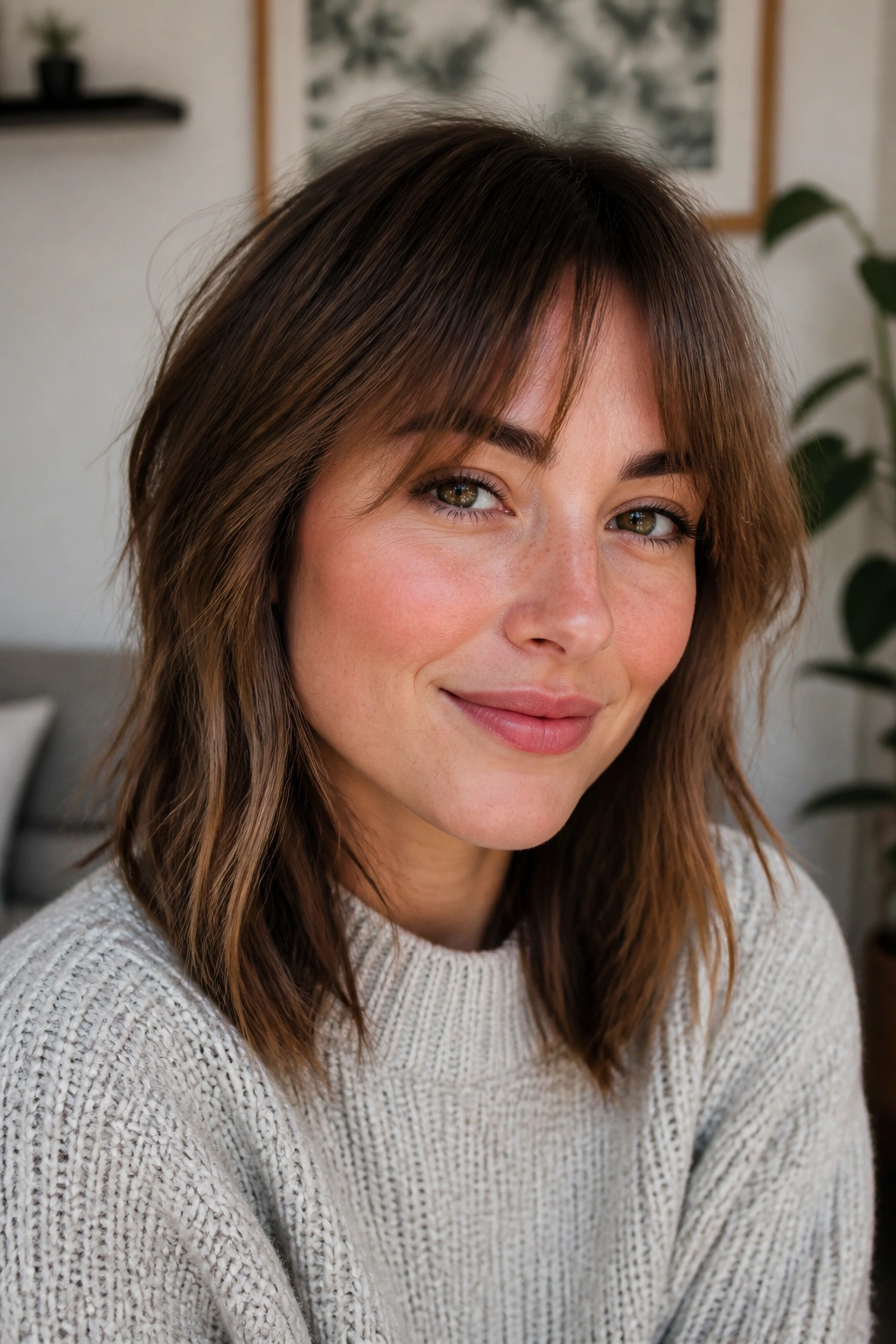 Close-up of a real person with grown-out choppy fringe blending into the sides