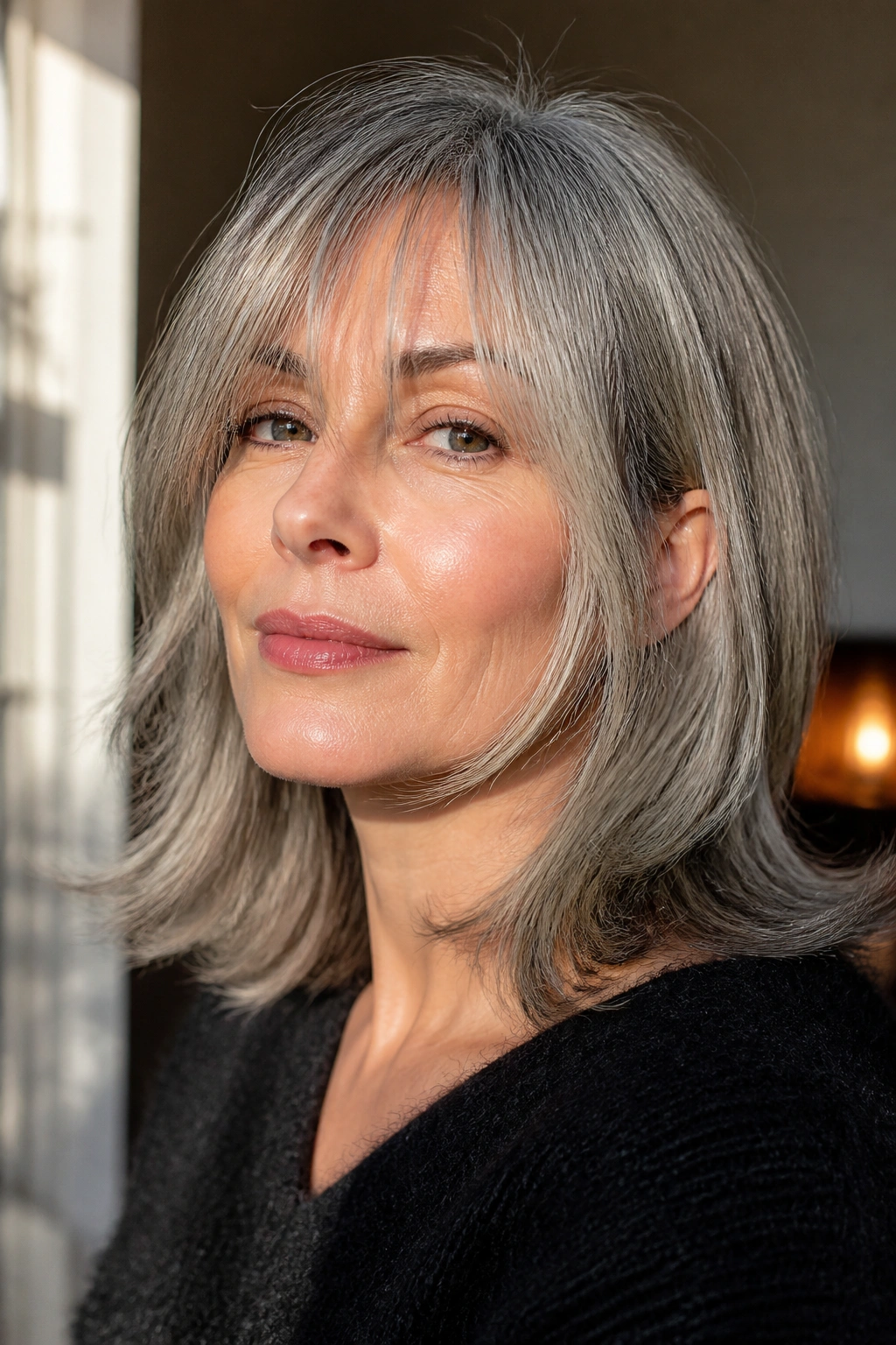 Close-up of a real person with a grown-out fringe on grey hair