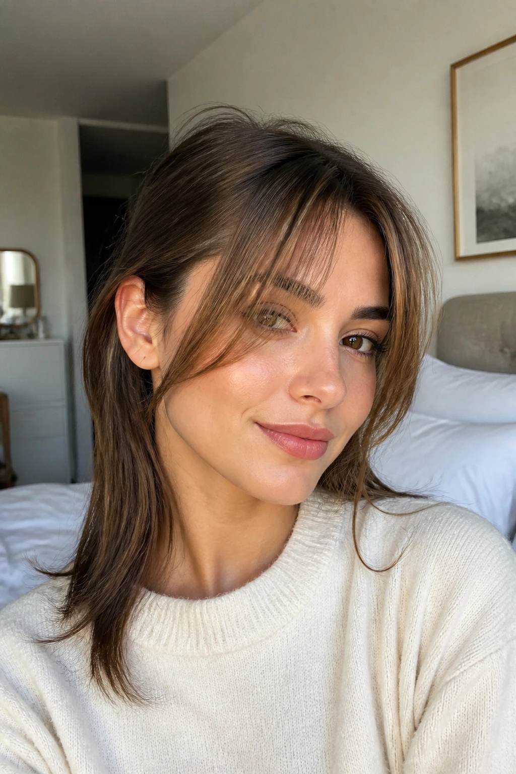 Close-up of a real woman with grown-out fringe swept to the side