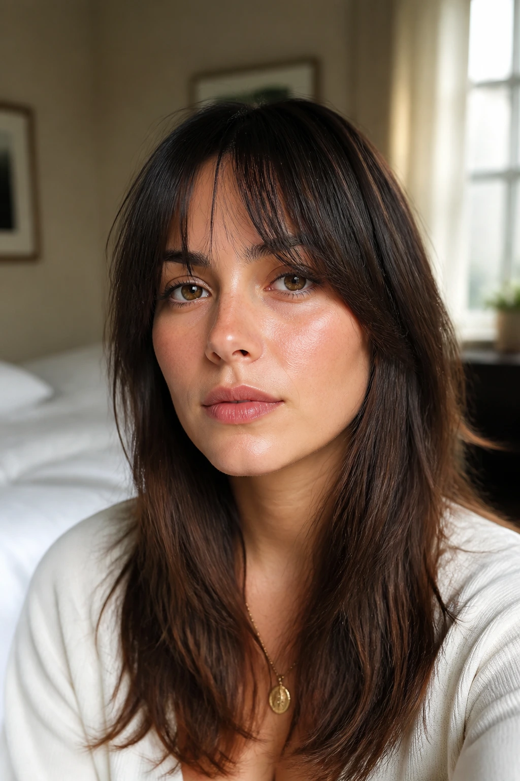 Close-up portrait of a real person with a grown-out fringe in warm bedroom light