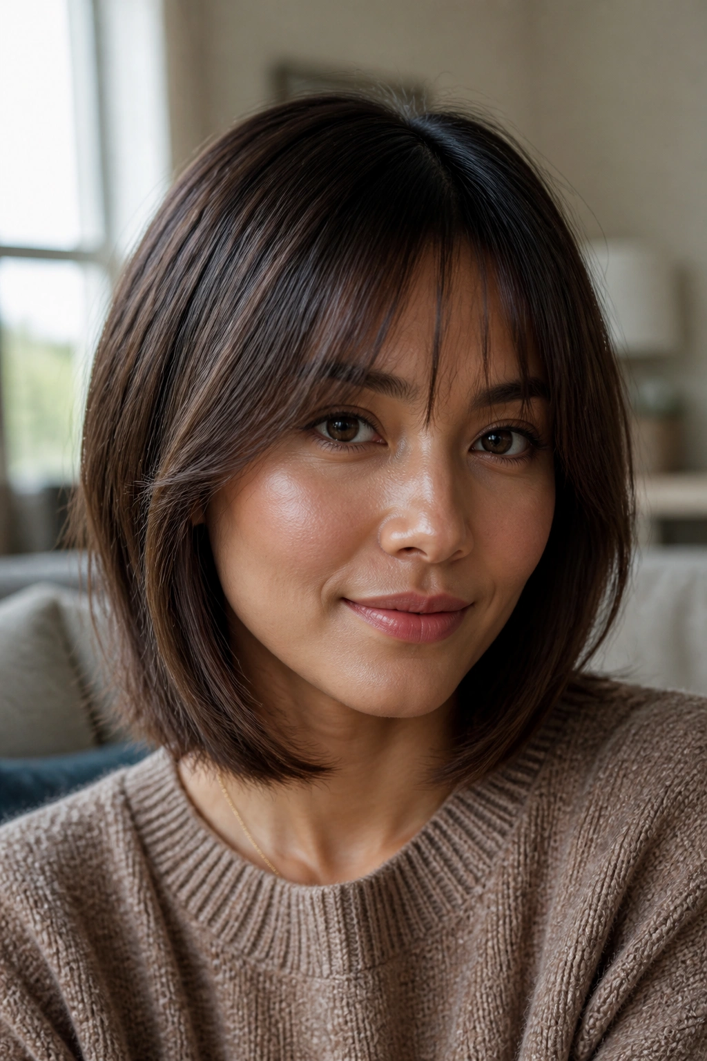Close-up portrait of a real woman with a grown-out fringe blending into chin-length hair
