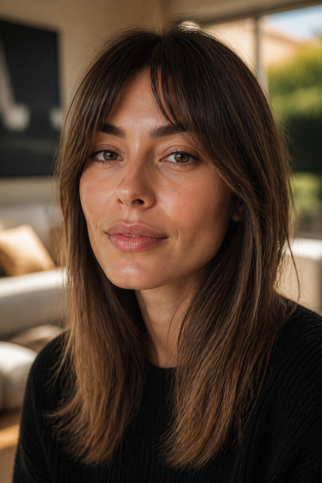 Close-up of a real woman with a grown-out French fringe in a cozy living room