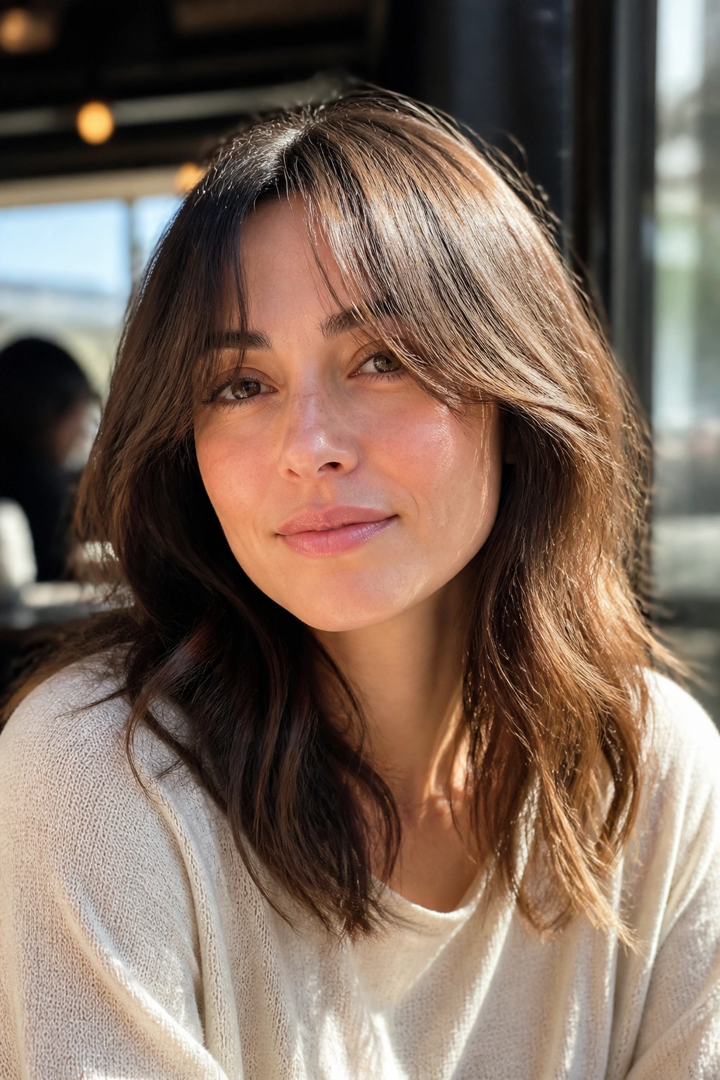 Portrait of a woman with grown-out fringe and mid-length waves in natural light.