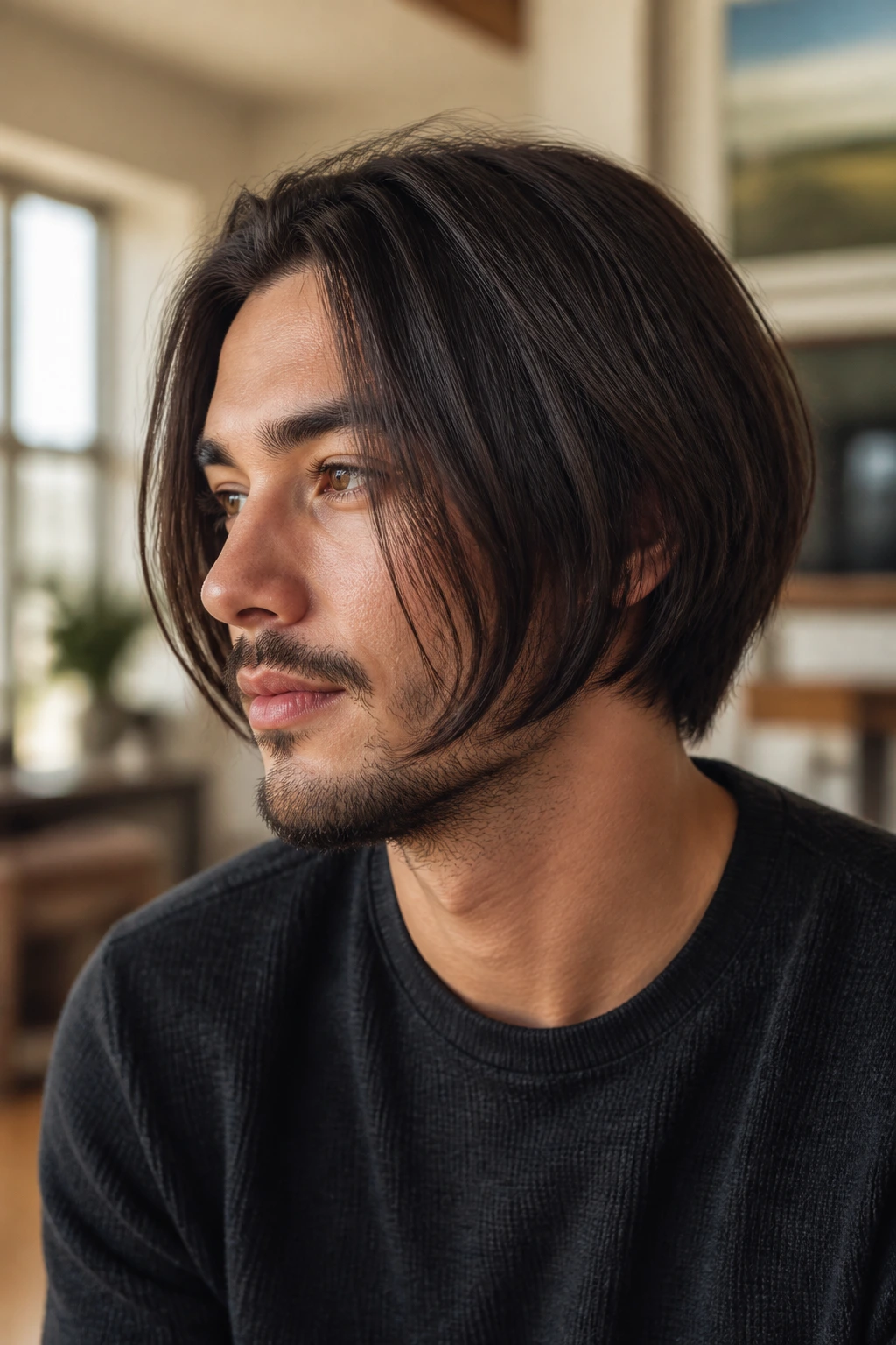 Close-up portrait of a man with a grown-out inverted bob hairstyle in a warm living room setting
