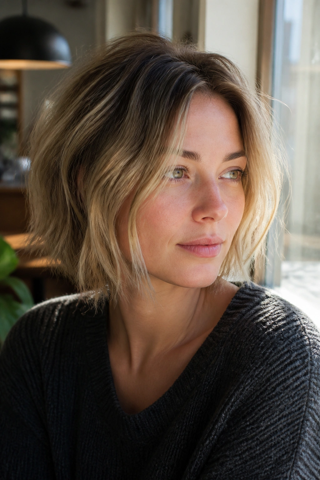 Close-up of real woman with grown-out lived-in bob and soft highlights